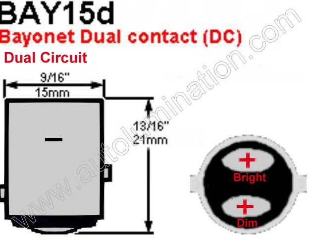  #1157 MINIATURE BULB BAY15D BASE - 12.8/14.0 Volt 2.1/0.59 Amps S8 Double Contact (DC) Index Bayonet (BAY15d) Base. 32/3 MSCP, 1,200/5,000 Average Rated Hours 2.00" Maximum Overall Length.  